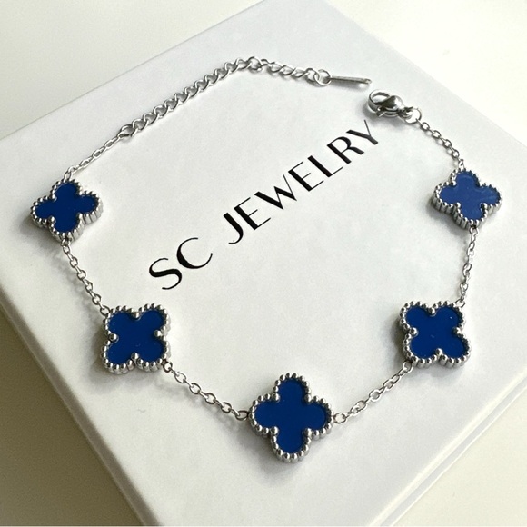 🎄 HOLIDAY PICK 🎄 Clover Bracelet Royal Blue & Silver Double Sided Four Leaf - Picture 1 of 13